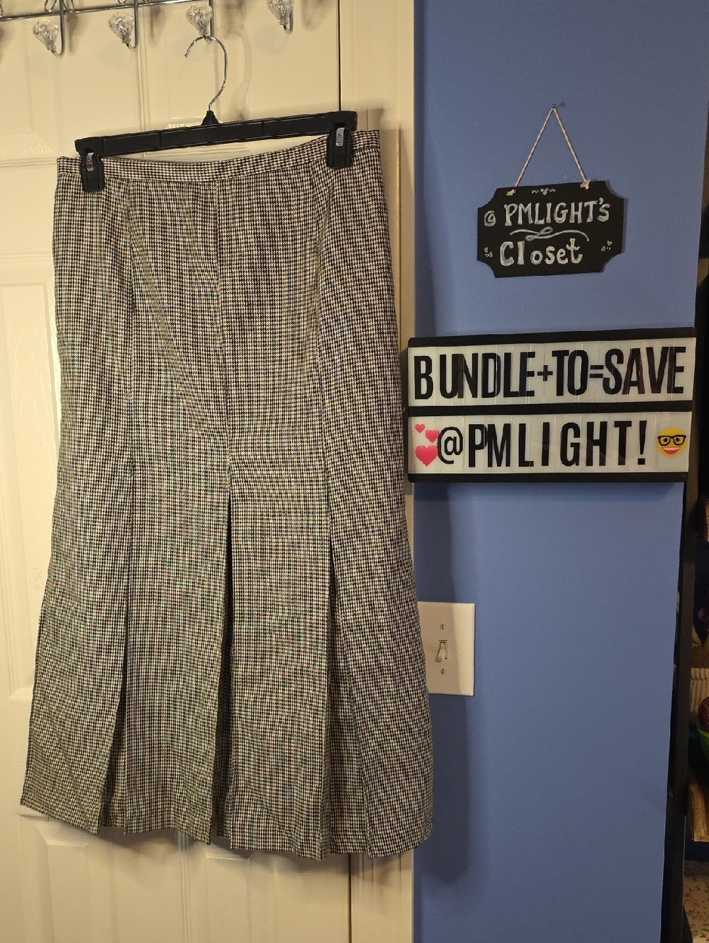 Harve Benard Houndstooth Pleated Skirt Black White Wool 10